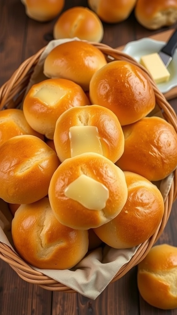 A basket of golden brown dinner rolls brushed with butter, on a rustic wooden table.